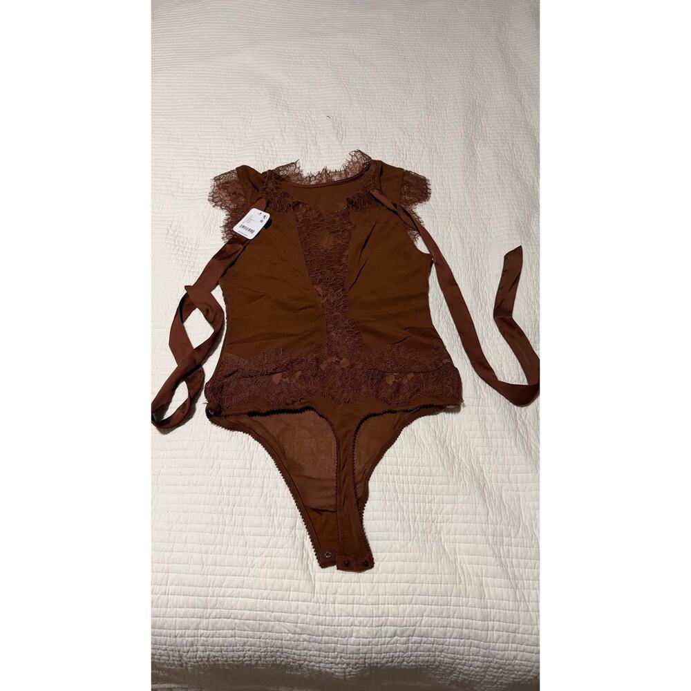 NWT Free People Brownstone Brown Lace Sheer Mesh Bodysuit Size S $78 - Picture 10 of 11